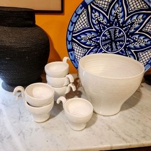 French, handmade pottery cream white glaze with black flecks bowl & mugs